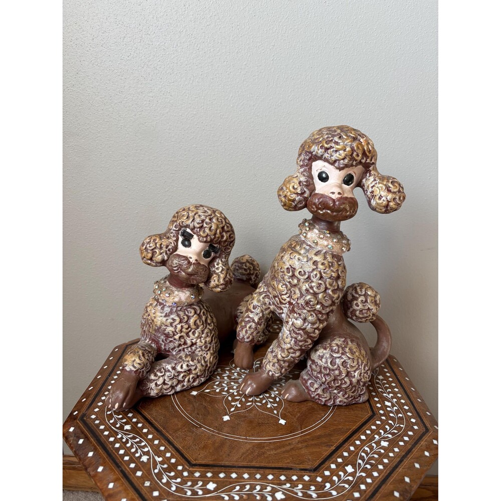 Vintage Pair Of Large Brown Collared Ceramic Poodle Figurines Atlantic Mold